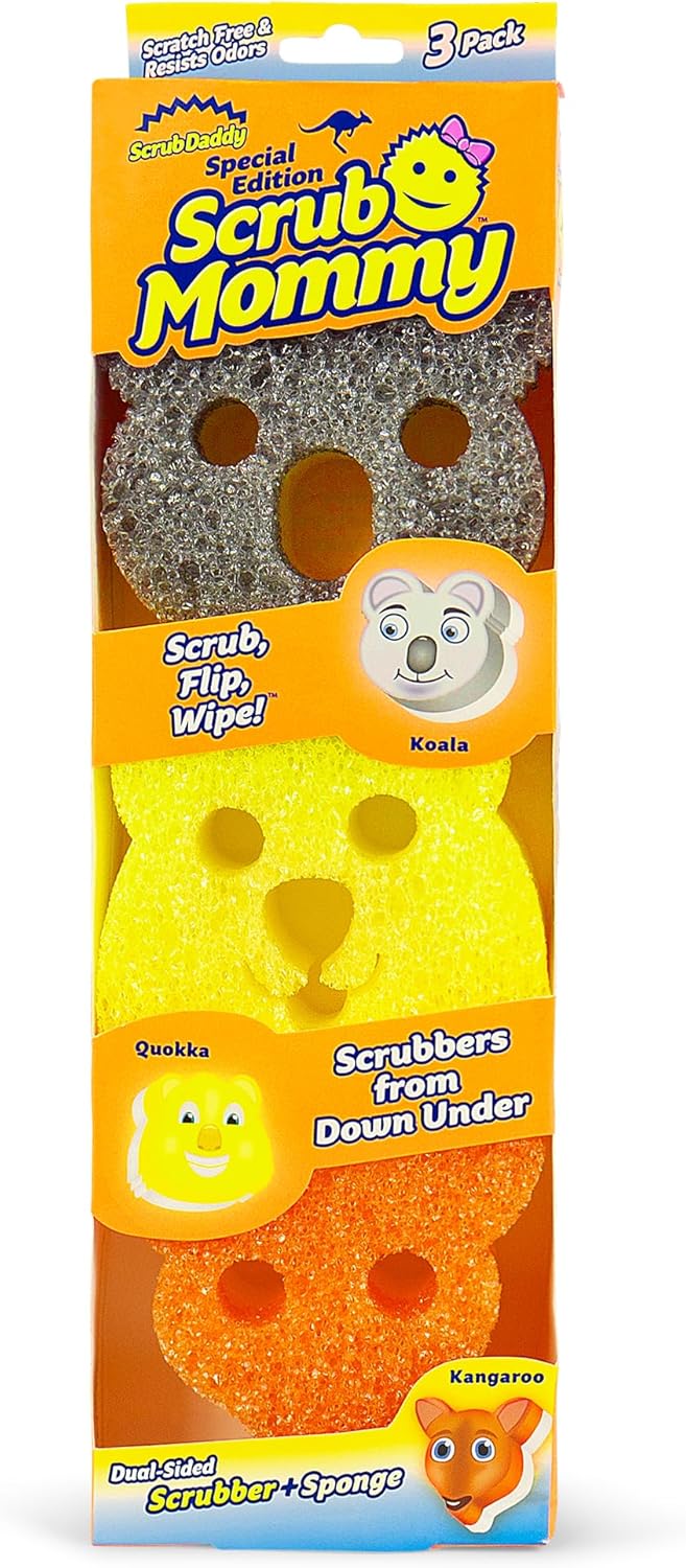 Scrub Daddy Scrub Mommy Aussie Shapes 3 Pack - Limited Edition Grey Koala, Yellow Quokka, Orange Kangaroo - One Side for Scrubbing, The Other for Mopping Up
