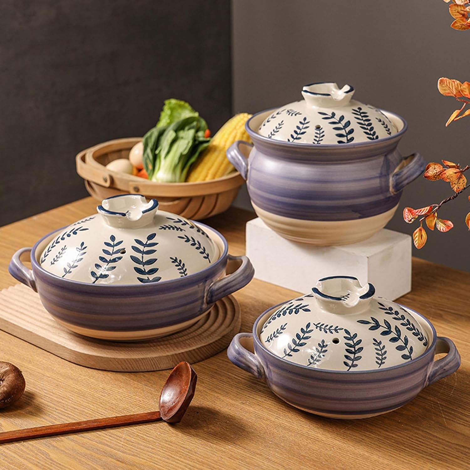 Ceramic Casserole Dish, Clay Pot, Earthen Pot Cookware with Lid, Stockpot for Stew, Soup, Steam, Oven Safe-Heat Resistant (FlowersPlants, 3.7QT)