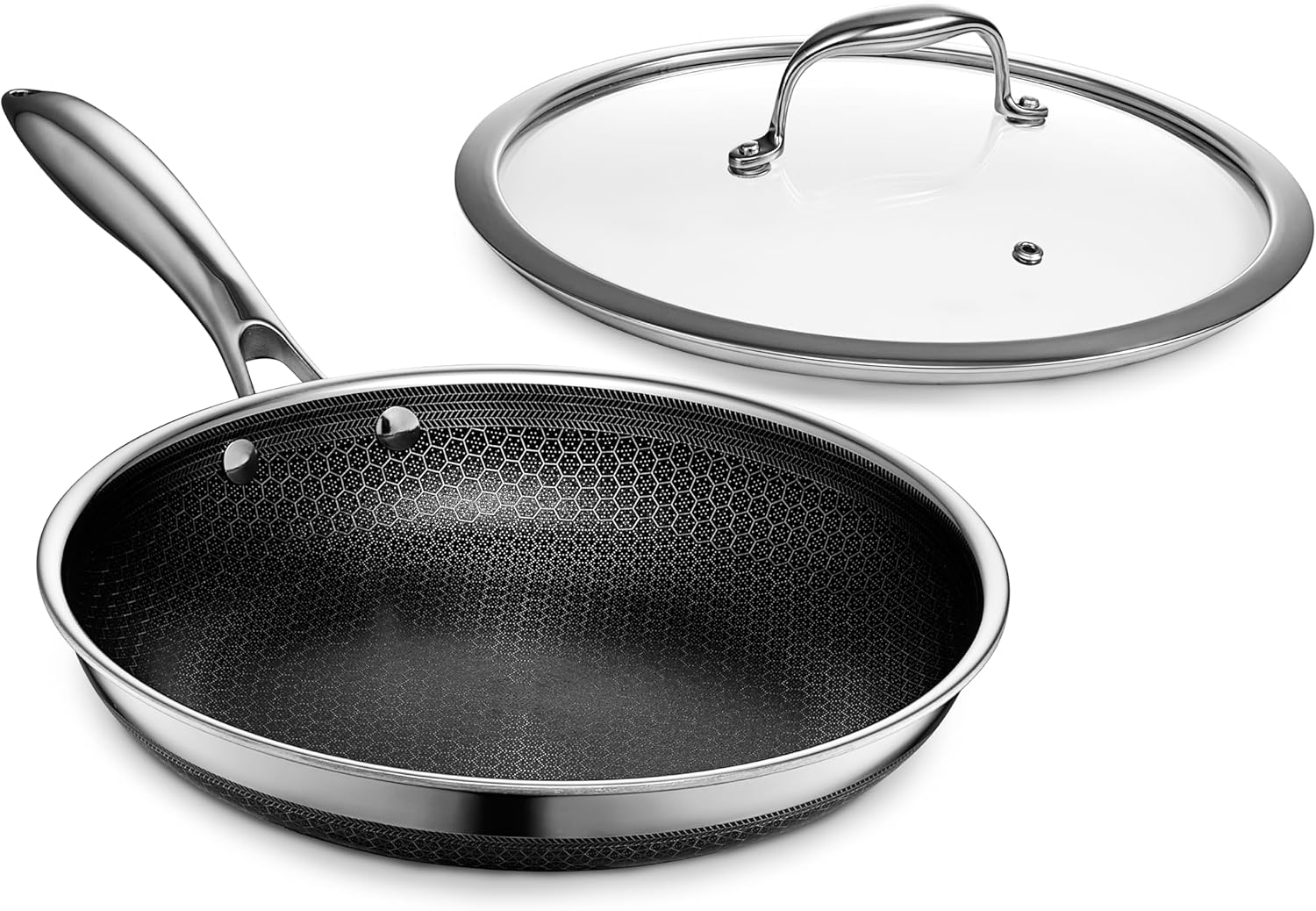HexClad Hybrid Nonstick 25 cm Frying Pan with Tempered Glass Lid, Stay-Cool Handle, Dishwasher-Friendly, Oven-Safe Up to 480°C, Induction Ready, Compatible with All Cooktops