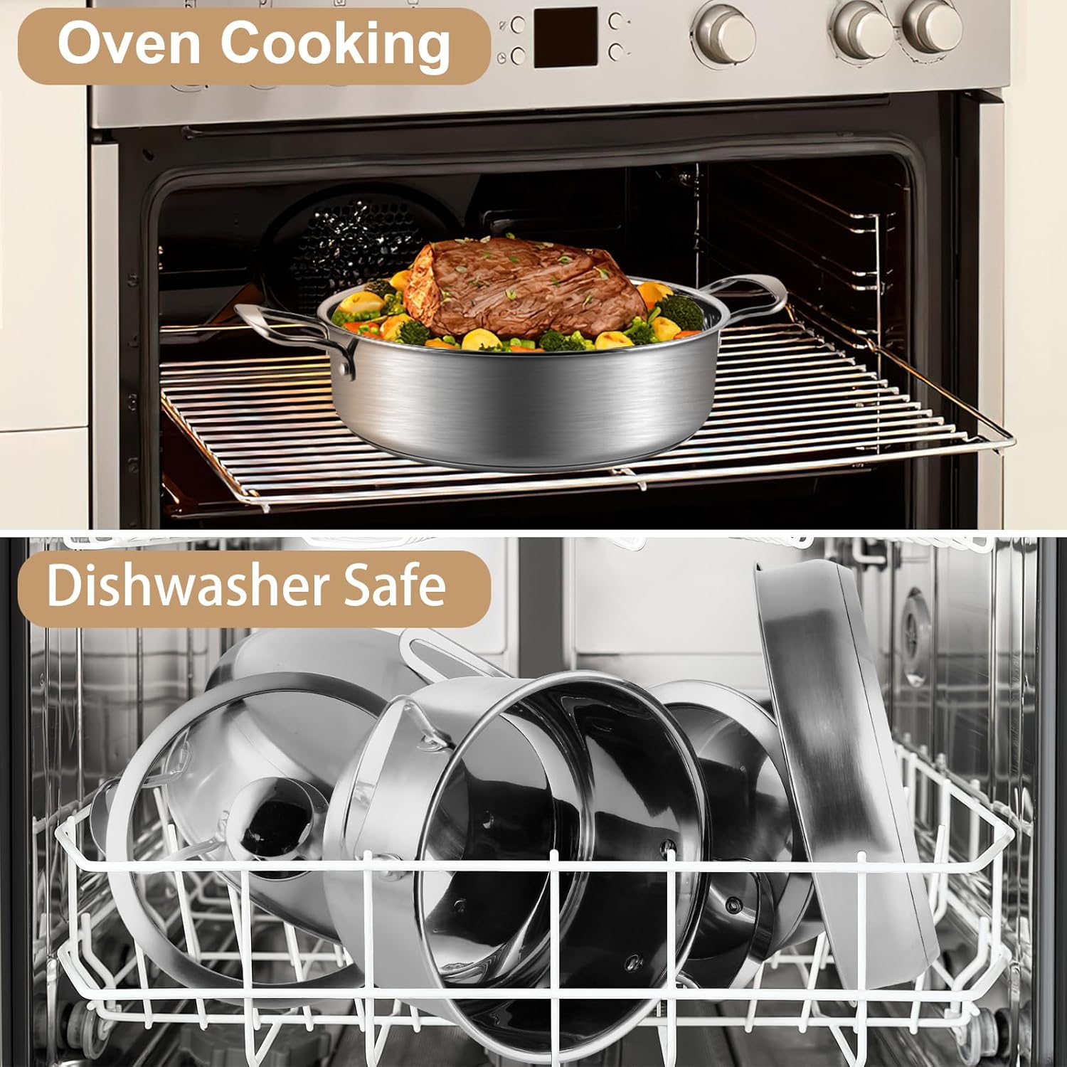 Stainless Steel Pots and Pans Set, 7-Piece Kitchen Cookware Sets with Glass Lids, Stay-Cool Handle, Oven Safe, Works with Induction, Electric and Gas Cooktops