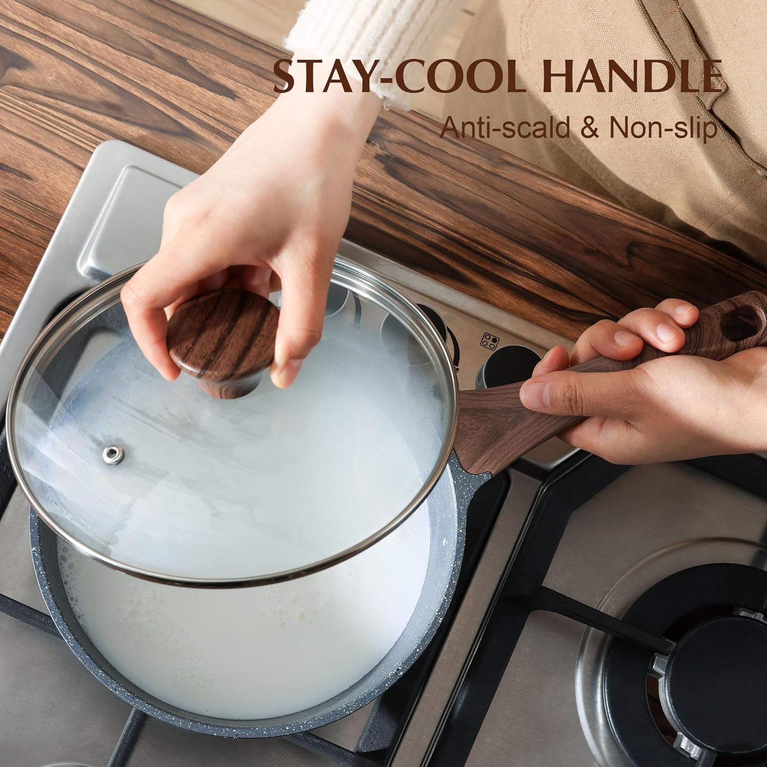 SENSARTE White Ceramic Nonstick Saucepan with Double Spout 22cm, Medium Cooking Pot with Stay Cool Handle, Induction Compatible Saucepot with Lid, White Granite Coating, PTFE/PFOA/PFAS Free
