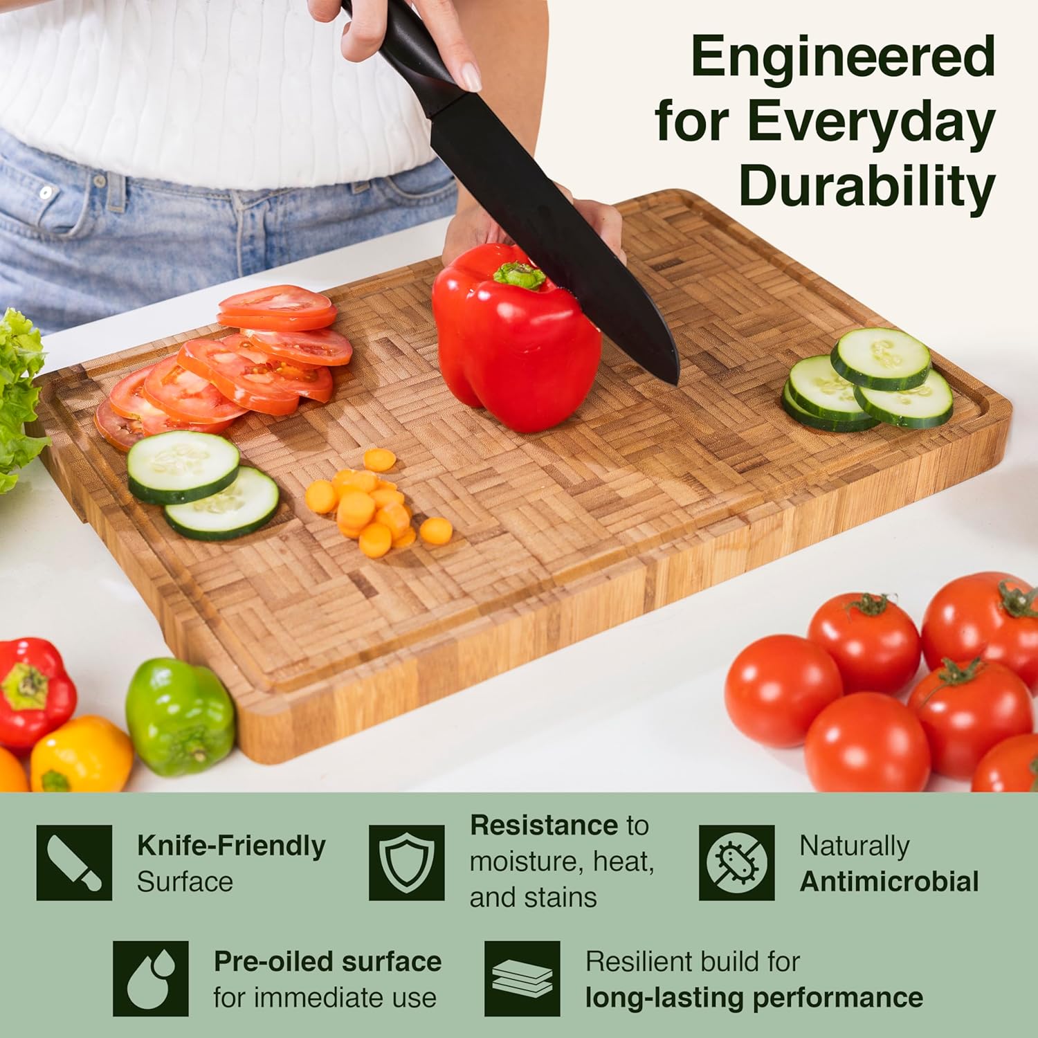 Cactus & Cubby Premium Bamboo Cutting Board. Deluxe Deep Carbonised End Grain Wooden Cutting Board. 42 x 30 cm. Pre-Oiled Butcher Block for Prepping & Serving. Knife Friendly