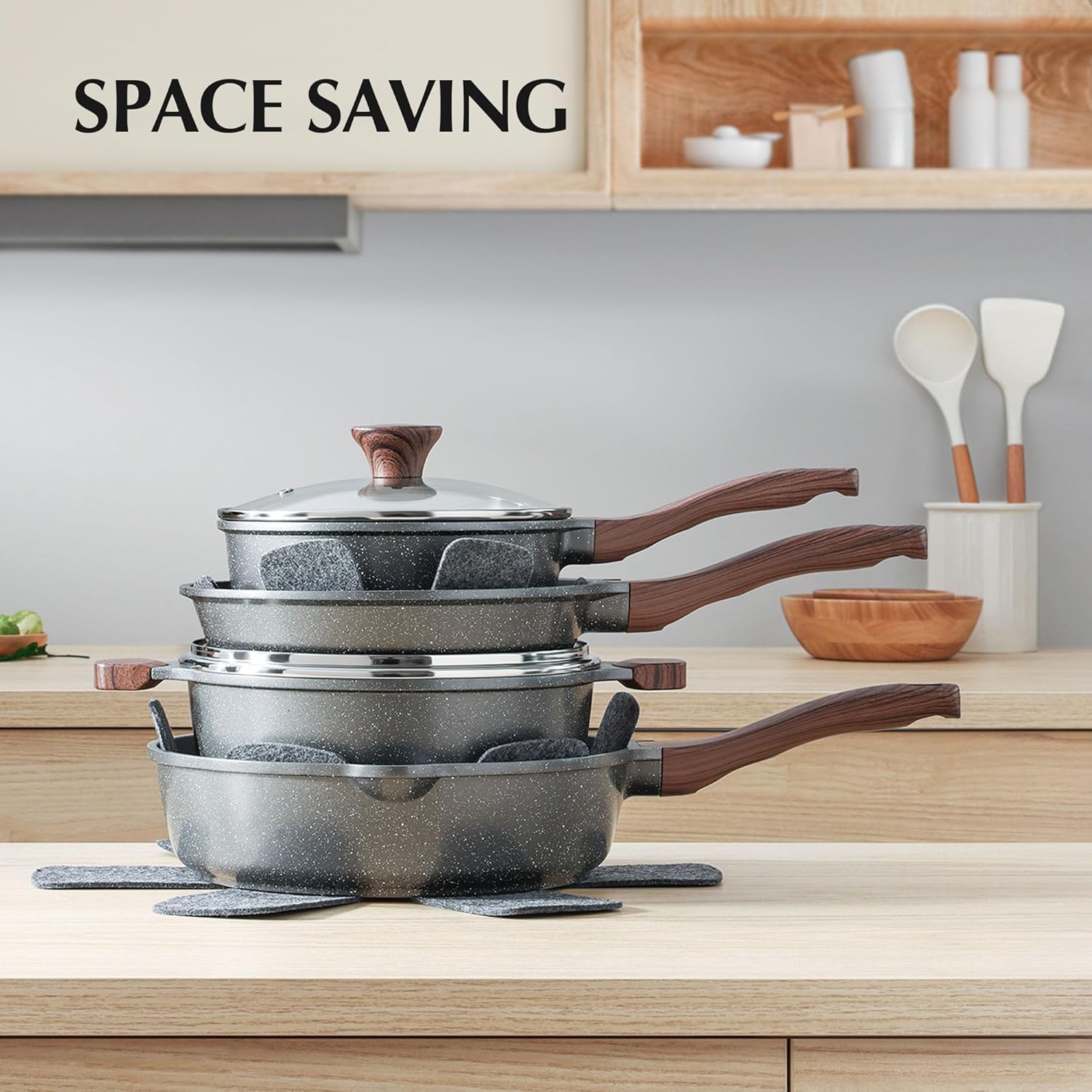 SENSARTE Nonstick Ceramic Cookware Set 13-Piece, Healthy Pots and Pans Set, Non-Toxic Kitchen Cooking Set with Stay-Cool Handles, Silicone Tools and Pot Protectors