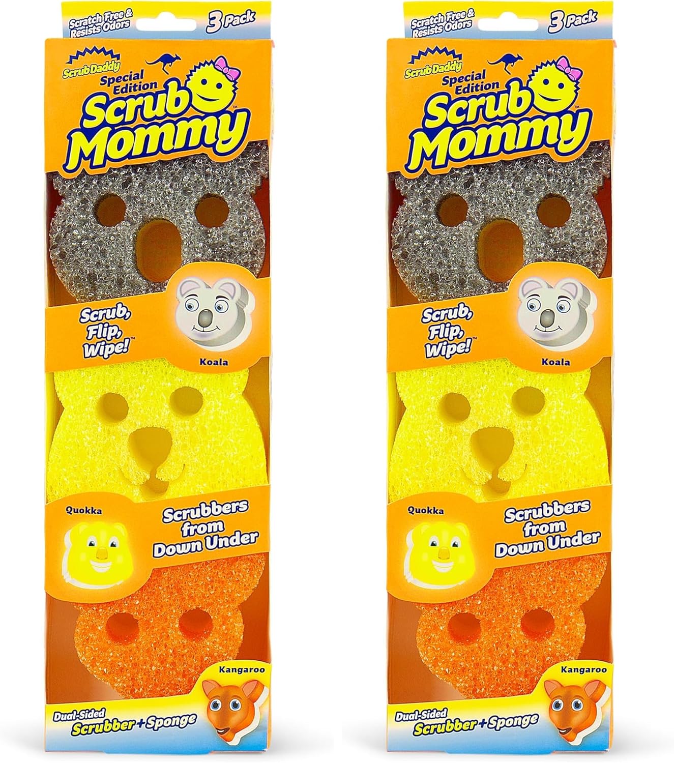 Scrub Daddy Scrub Mommy Aussie Shapes 3 Pack - Limited Edition Grey Koala, Yellow Quokka, Orange Kangaroo - One Side for Scrubbing, The Other for Mopping Up