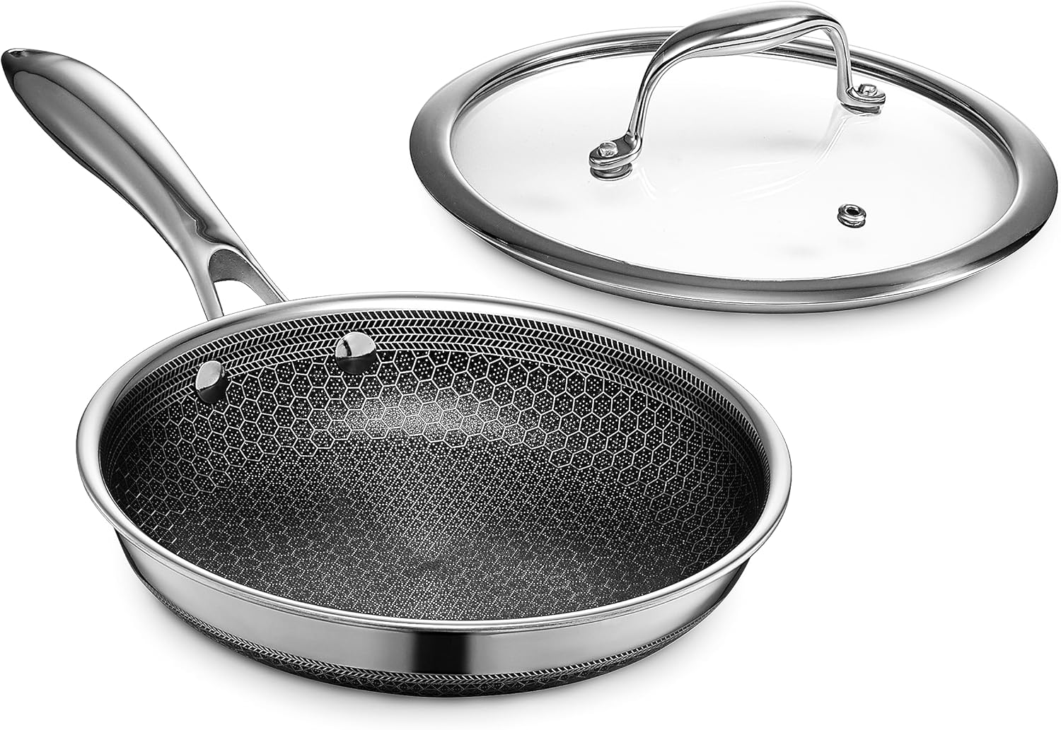 HexClad Hybrid Nonstick 25 cm Frying Pan with Tempered Glass Lid, Stay-Cool Handle, Dishwasher-Friendly, Oven-Safe Up to 480°C, Induction Ready, Compatible with All Cooktops