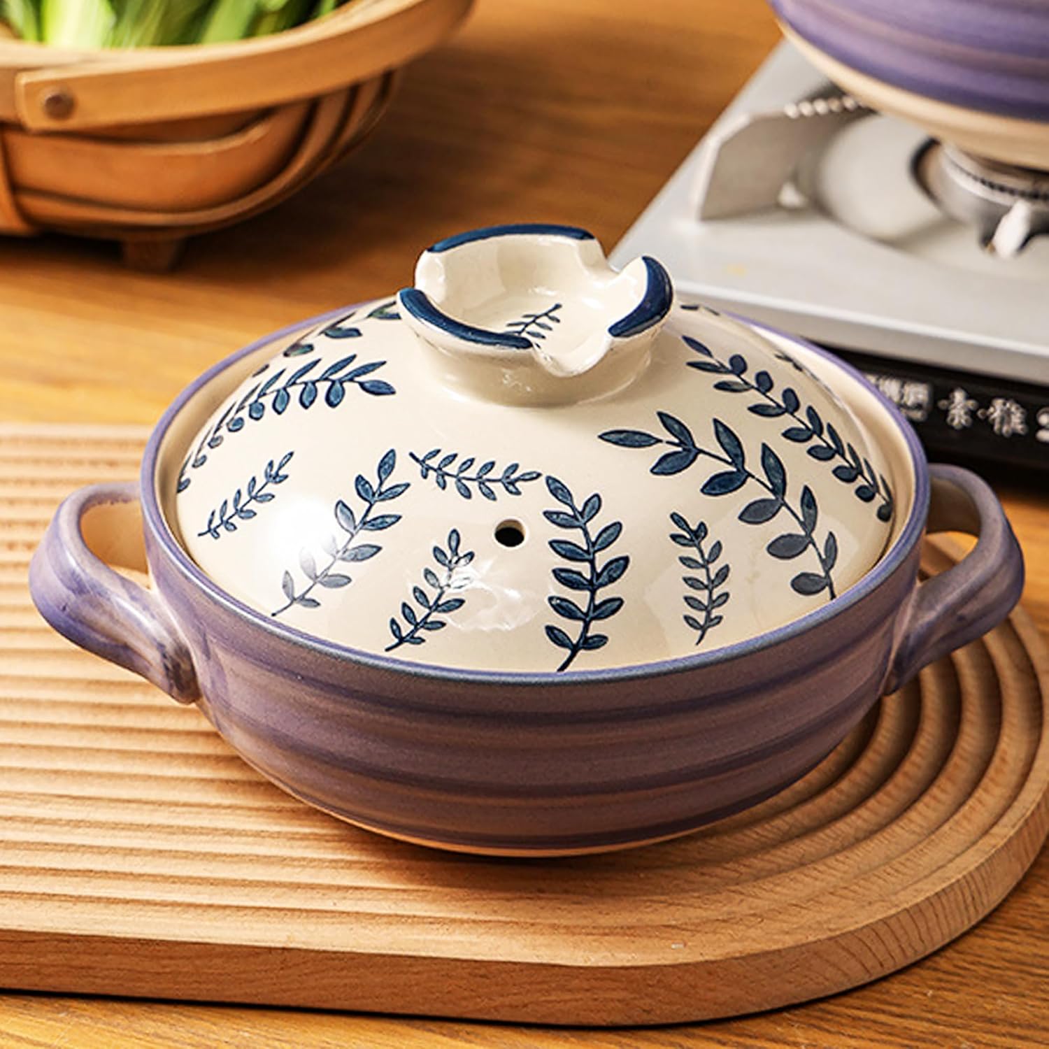 Ceramic Casserole Dish, Clay Pot, Earthen Pot Cookware with Lid, Stockpot for Stew, Soup, Steam, Oven Safe-Heat Resistant (FlowersPlants, 3.7QT)