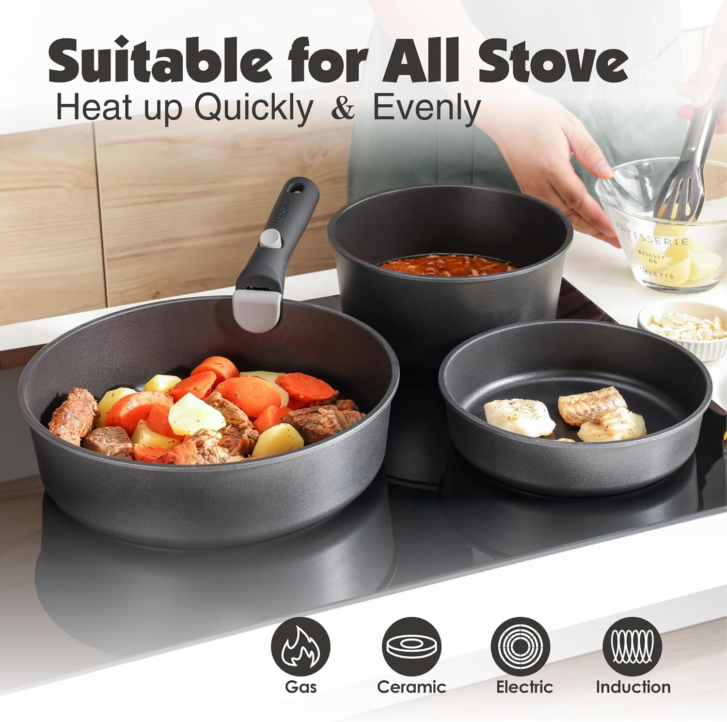 SENSARTE 17 Piece Pots and Pans Set, Nonstick Detachable Handle Cookware, Induction Kitchen Cookware Set with Removable Handle, Healthy Non Stick RV Cookware, Dishwasher ＆ Oven Safe, (Black)