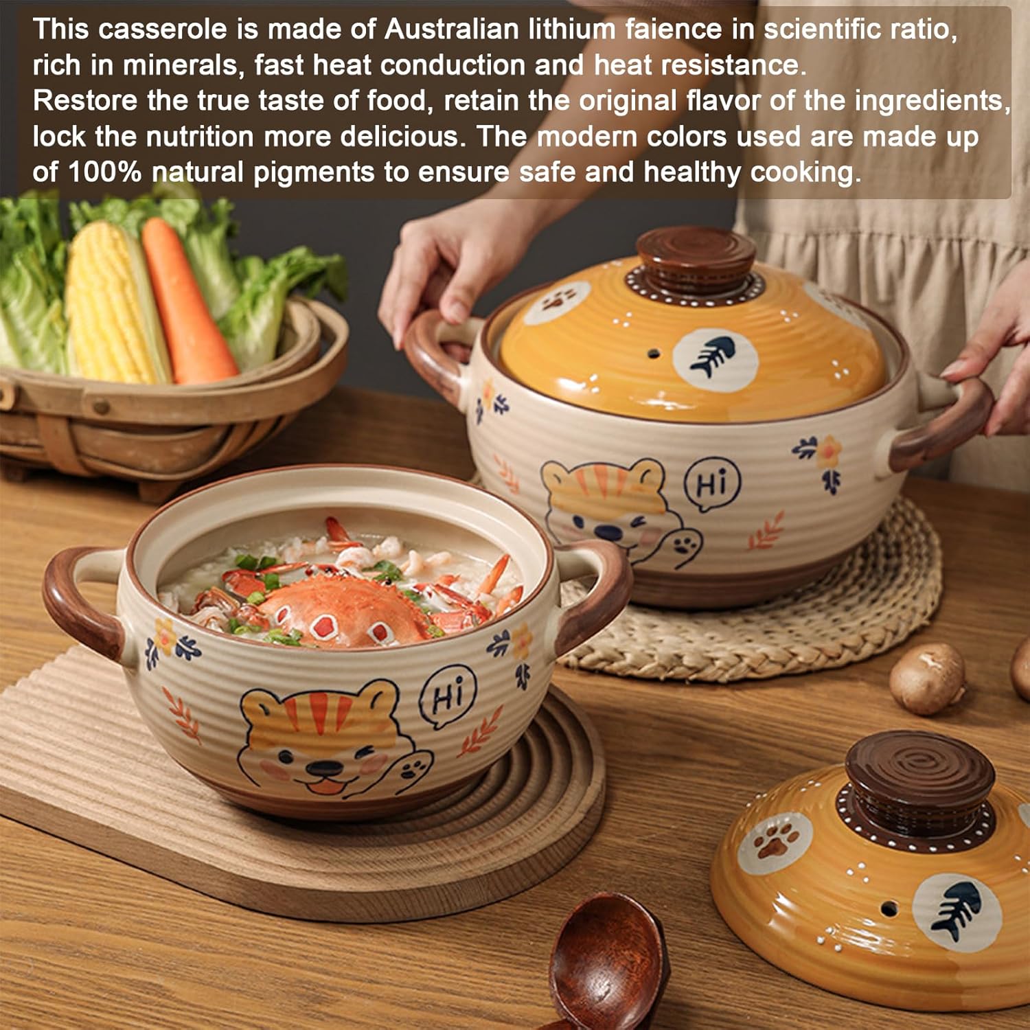 Ceramic Casserole Dish, Clay Pot, Earthen Pot Cookware with Lid, Stockpot for Stew, Soup, Steam, Oven Safe-Heat Resistant (FlowersPlants, 3.7QT)