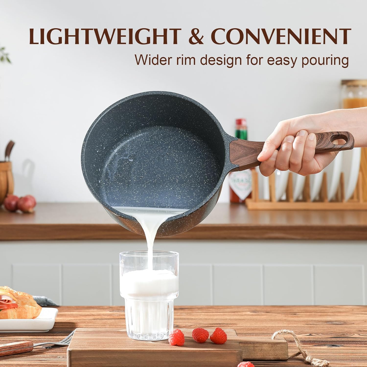 SENSARTE White Ceramic Nonstick Saucepan with Double Spout 22cm, Medium Cooking Pot with Stay Cool Handle, Induction Compatible Saucepot with Lid, White Granite Coating, PTFE/PFOA/PFAS Free