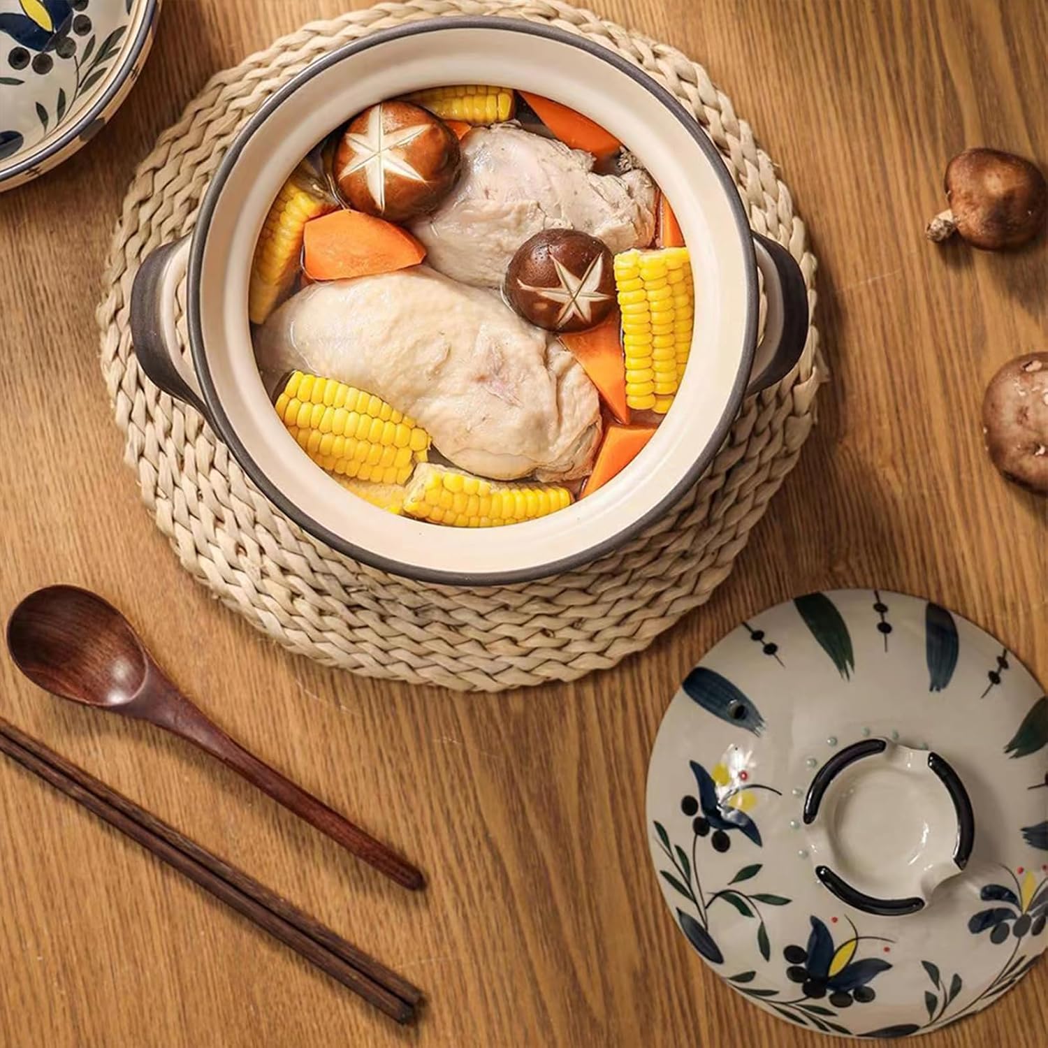Ceramic Casserole Dish, Clay Pot, Earthen Pot Cookware with Lid, Stockpot for Stew, Soup, Steam, Oven Safe-Heat Resistant (FlowersPlants, 3.7QT)
