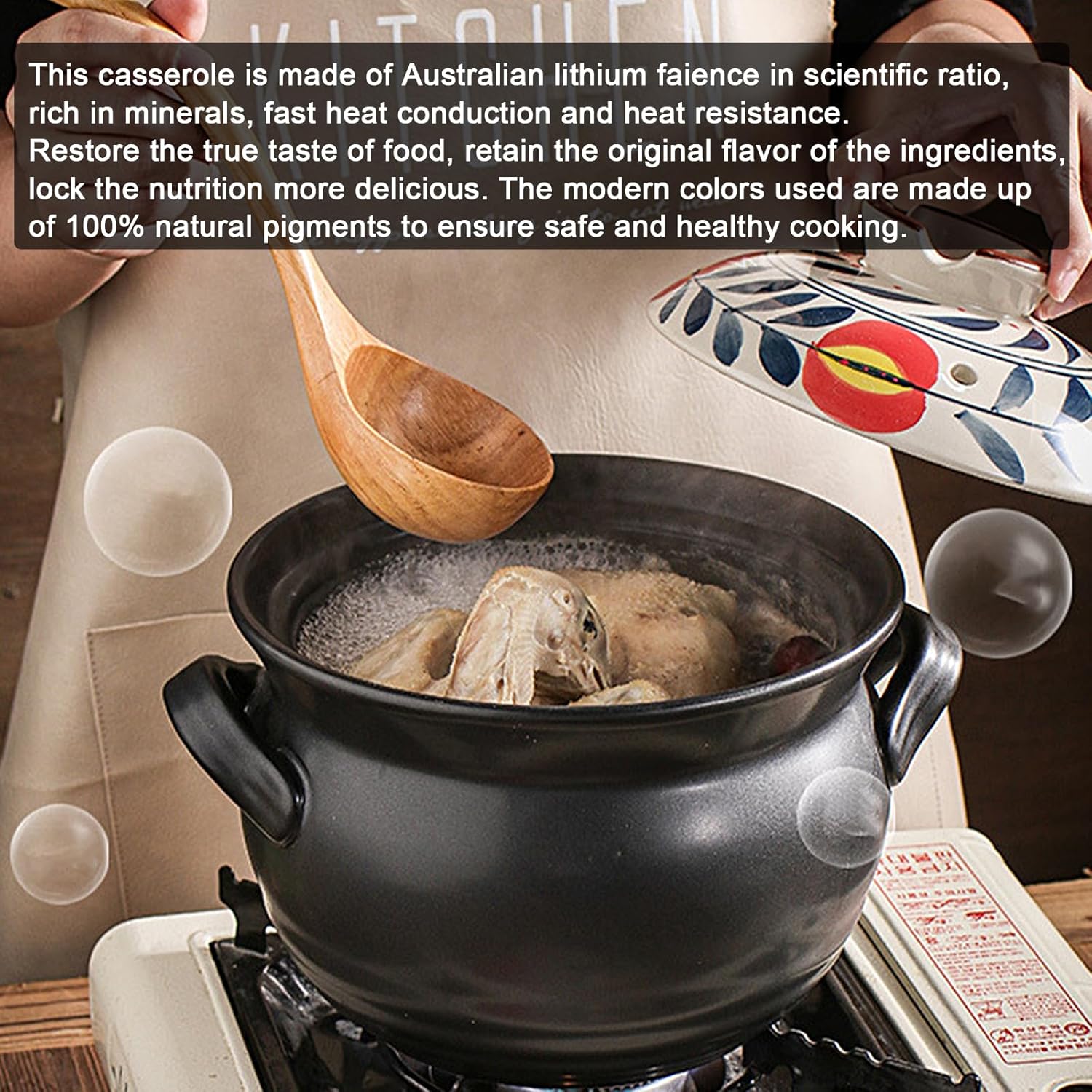 Ceramic Casserole Dish, Clay Pot, Earthen Pot Cookware with Lid, Stockpot for Stew, Soup, Steam, Oven Safe-Heat Resistant (FlowersPlants, 3.7QT)
