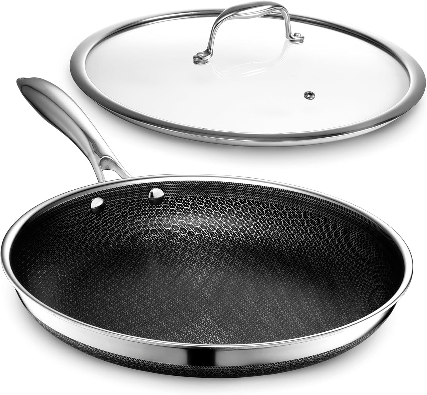 HexClad Hybrid Nonstick 25 cm Frying Pan with Tempered Glass Lid, Stay-Cool Handle, Dishwasher-Friendly, Oven-Safe Up to 480°C, Induction Ready, Compatible with All Cooktops