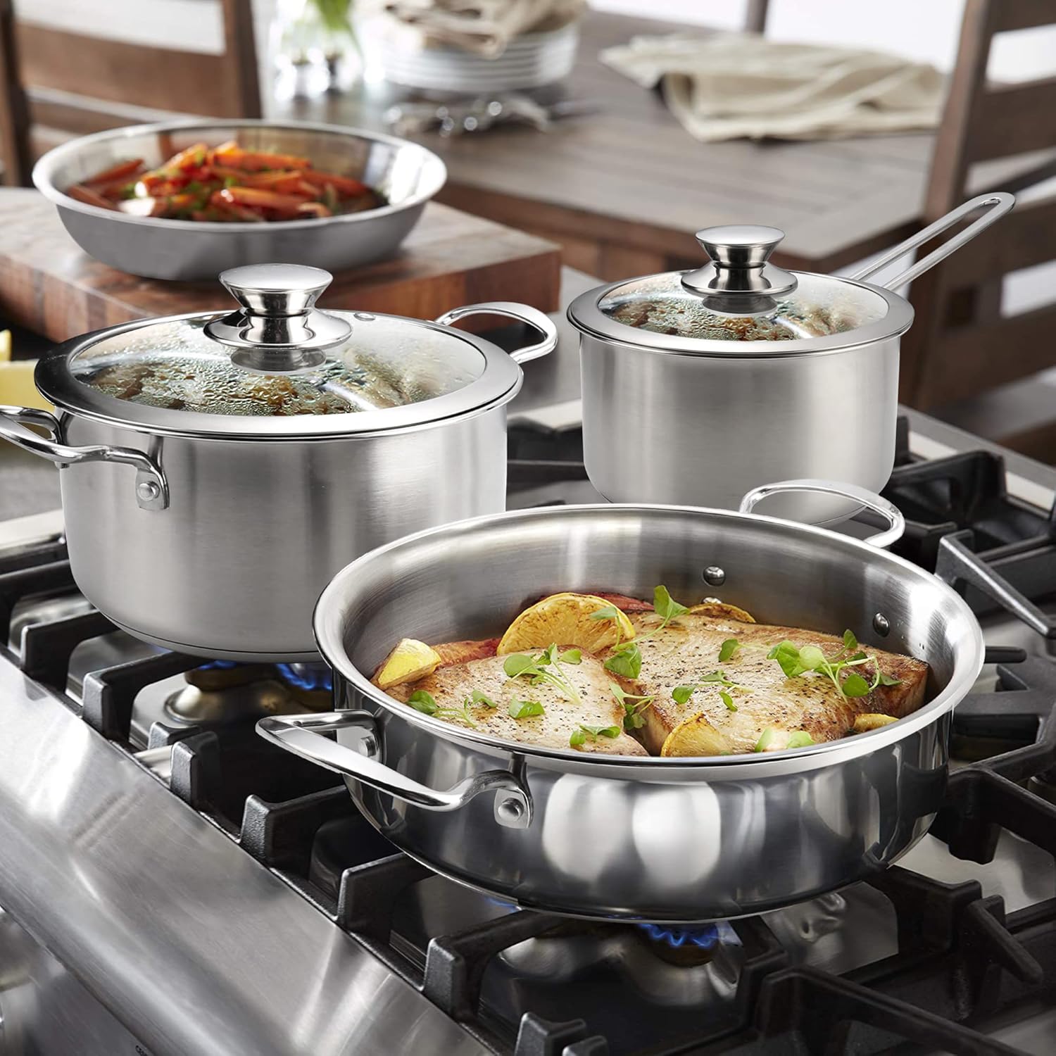 Stainless Steel Pots and Pans Set, 7-Piece Kitchen Cookware Sets with Glass Lids, Stay-Cool Handle, Oven Safe, Works with Induction, Electric and Gas Cooktops