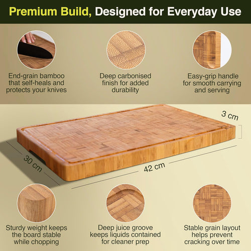 Cactus & Cubby Premium Bamboo Cutting Board. Deluxe Deep Carbonised End Grain Wooden Cutting Board. 42 x 30 cm. Pre-Oiled Butcher Block for Prepping & Serving. Knife Friendly