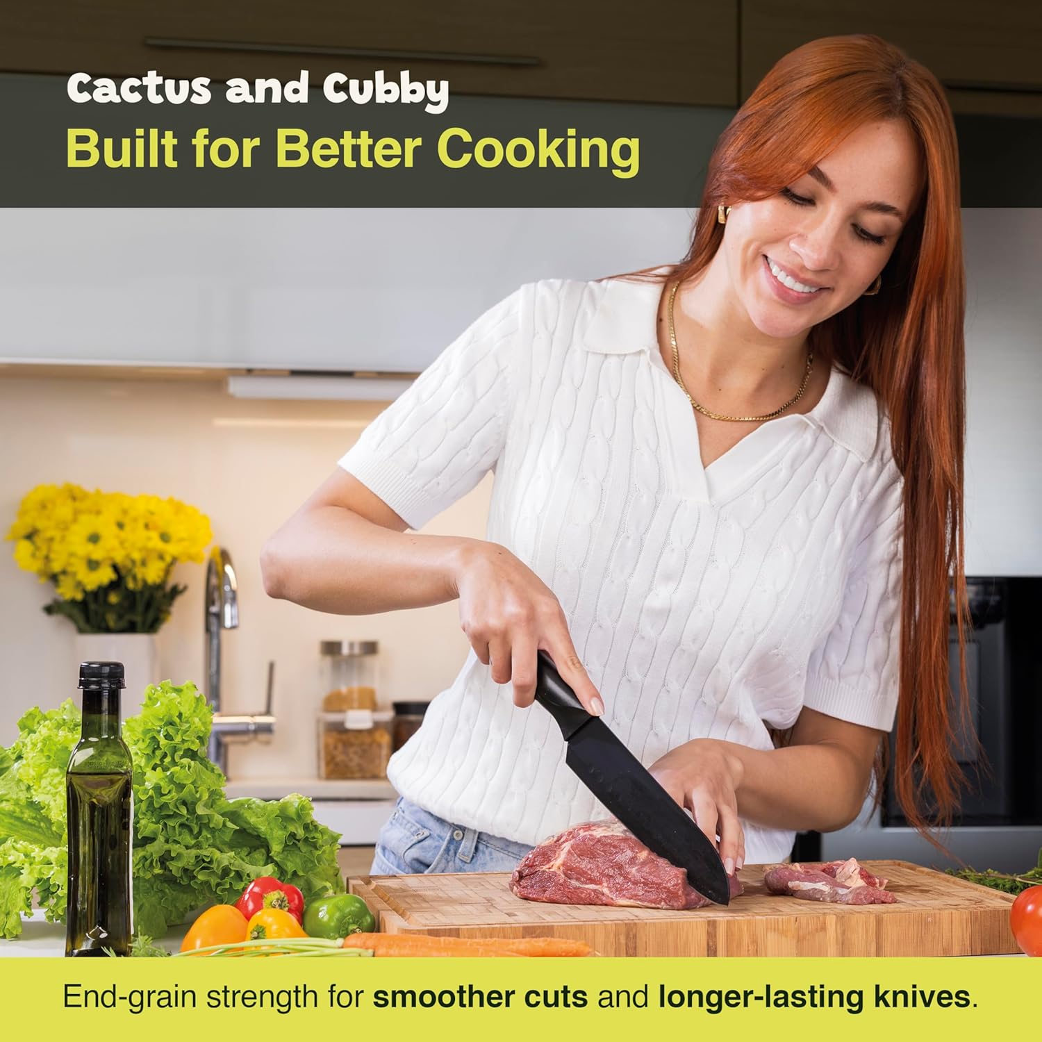 Cactus & Cubby Premium Bamboo Cutting Board. Deluxe Deep Carbonised End Grain Wooden Cutting Board. 42 x 30 cm. Pre-Oiled Butcher Block for Prepping & Serving. Knife Friendly