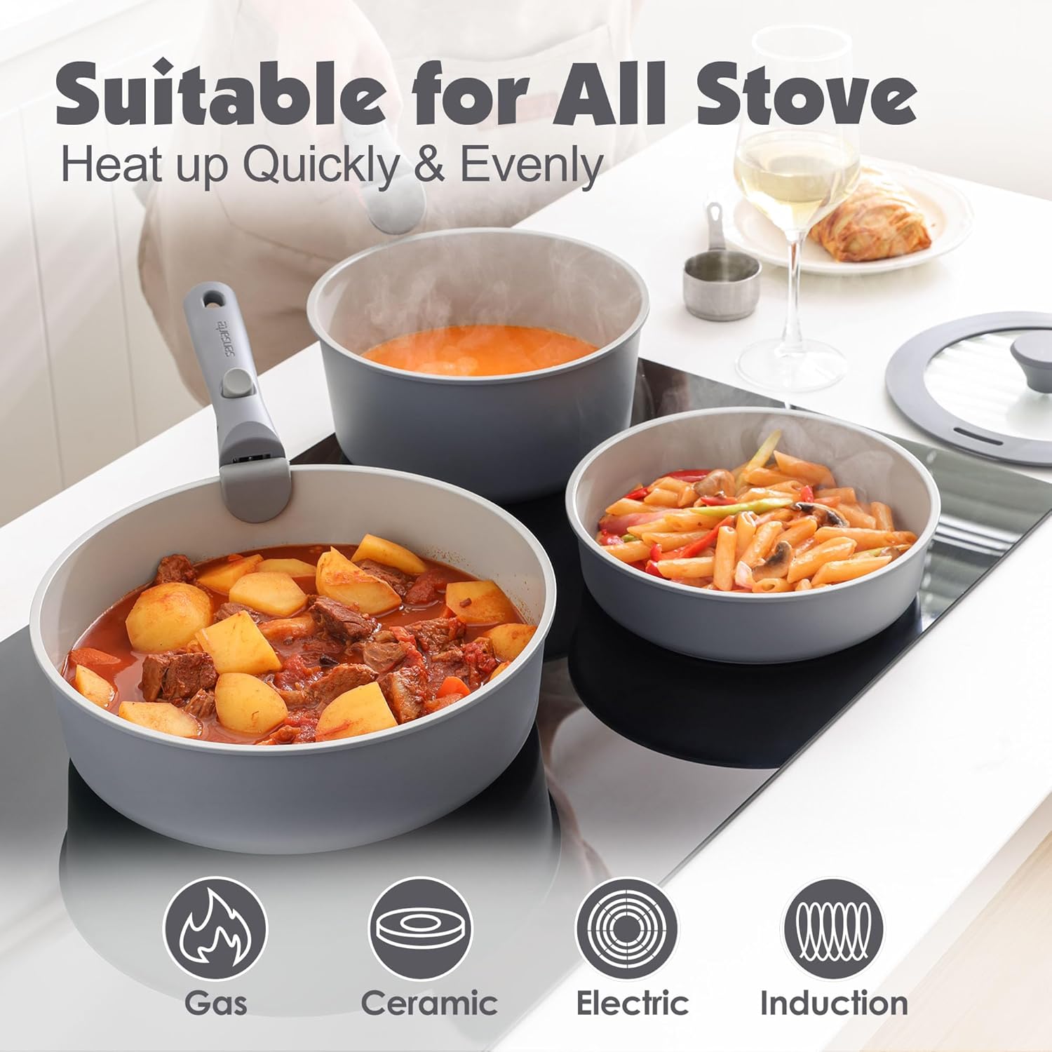 SENSARTE 17 Piece Pots and Pans Set, Nonstick Detachable Handle Cookware, Induction Kitchen Cookware Set with Removable Handle, Healthy Non Stick RV Cookware, Dishwasher ＆ Oven Safe, (Black)
