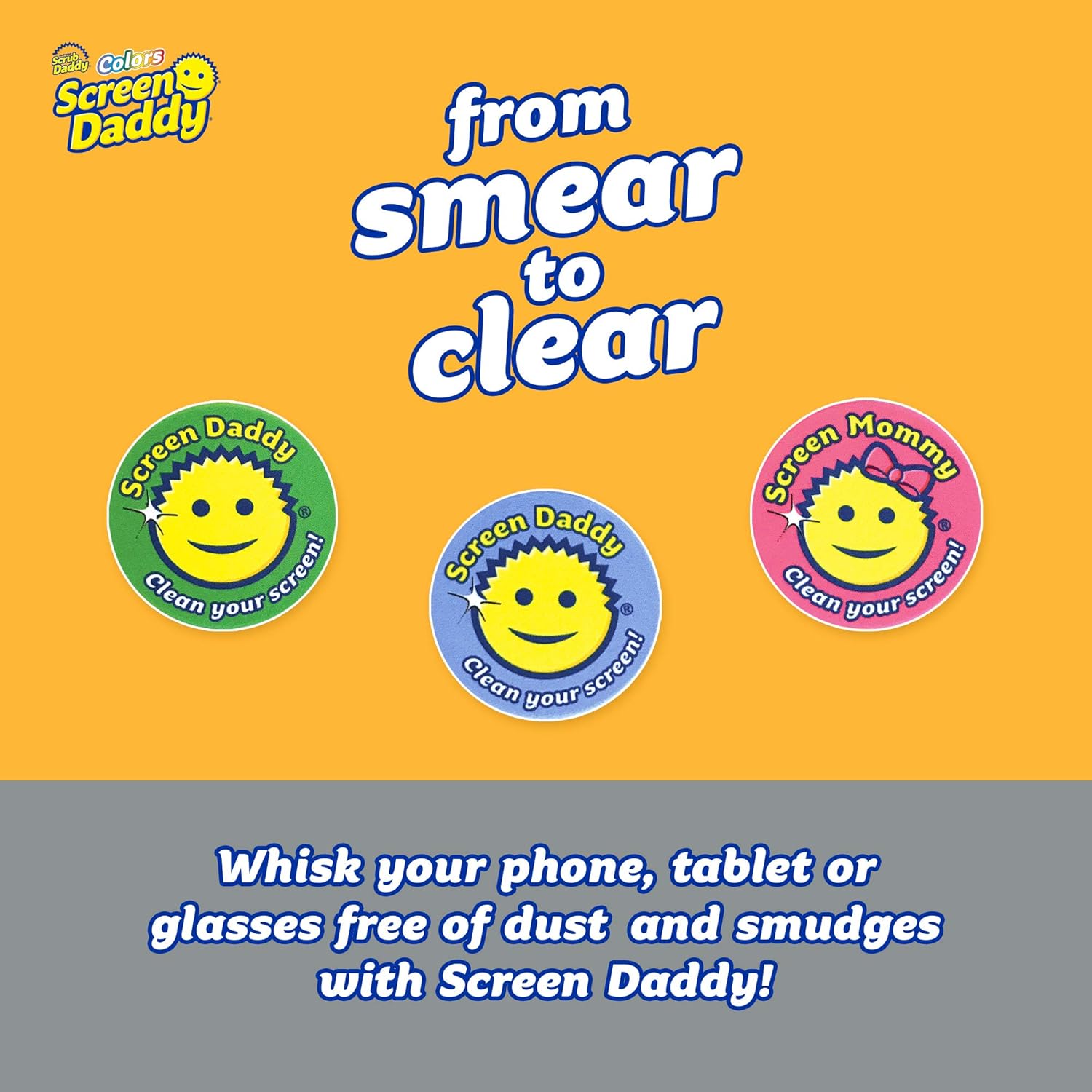 Screen Daddy Colors (3 Pack) - Microfiber Cleaning Pad for Phones, Tablet, Glasses - Sticky Gel Backing On Device Storage - Washable and Reusable