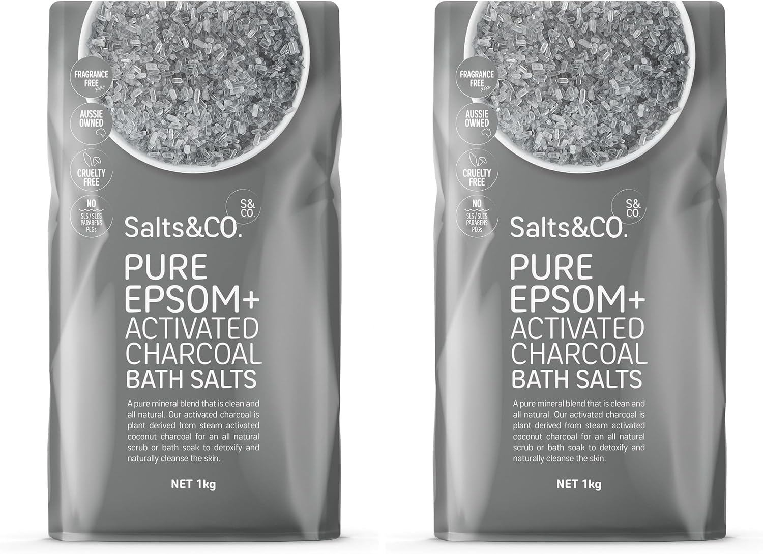 Salts & Co. Pure Epsom & Activated Charcoal Bath Salts 1kg | Unscented Magnesium Sulphate Soaking Salts for Bath & Foot Soaks, Home Spa & Self-Care Rituals