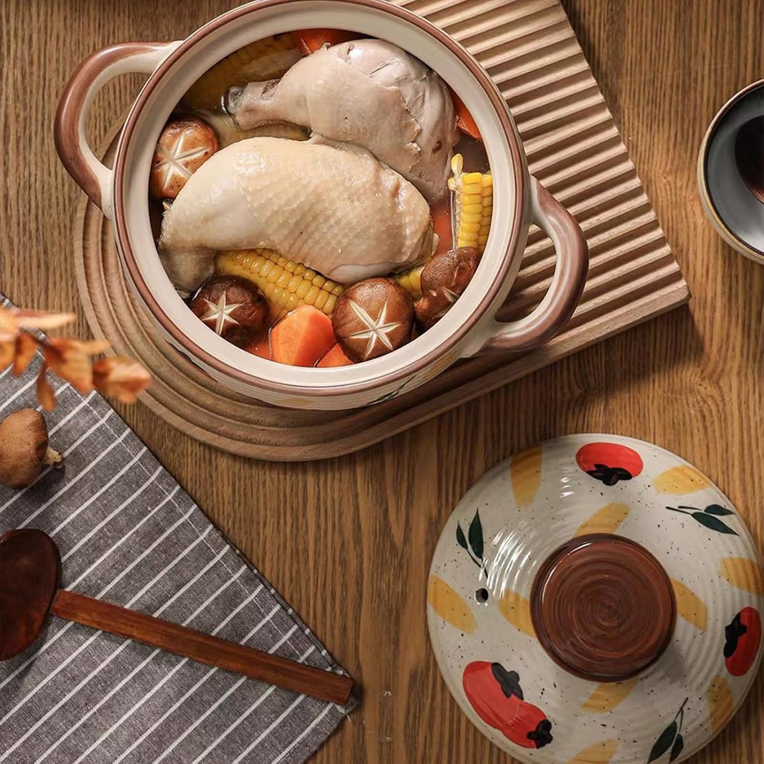 Ceramic Casserole Dish, Clay Pot, Earthen Pot Cookware with Lid, Stockpot for Stew, Soup, Steam, Oven Safe-Heat Resistant (FlowersPlants, 3.7QT)
