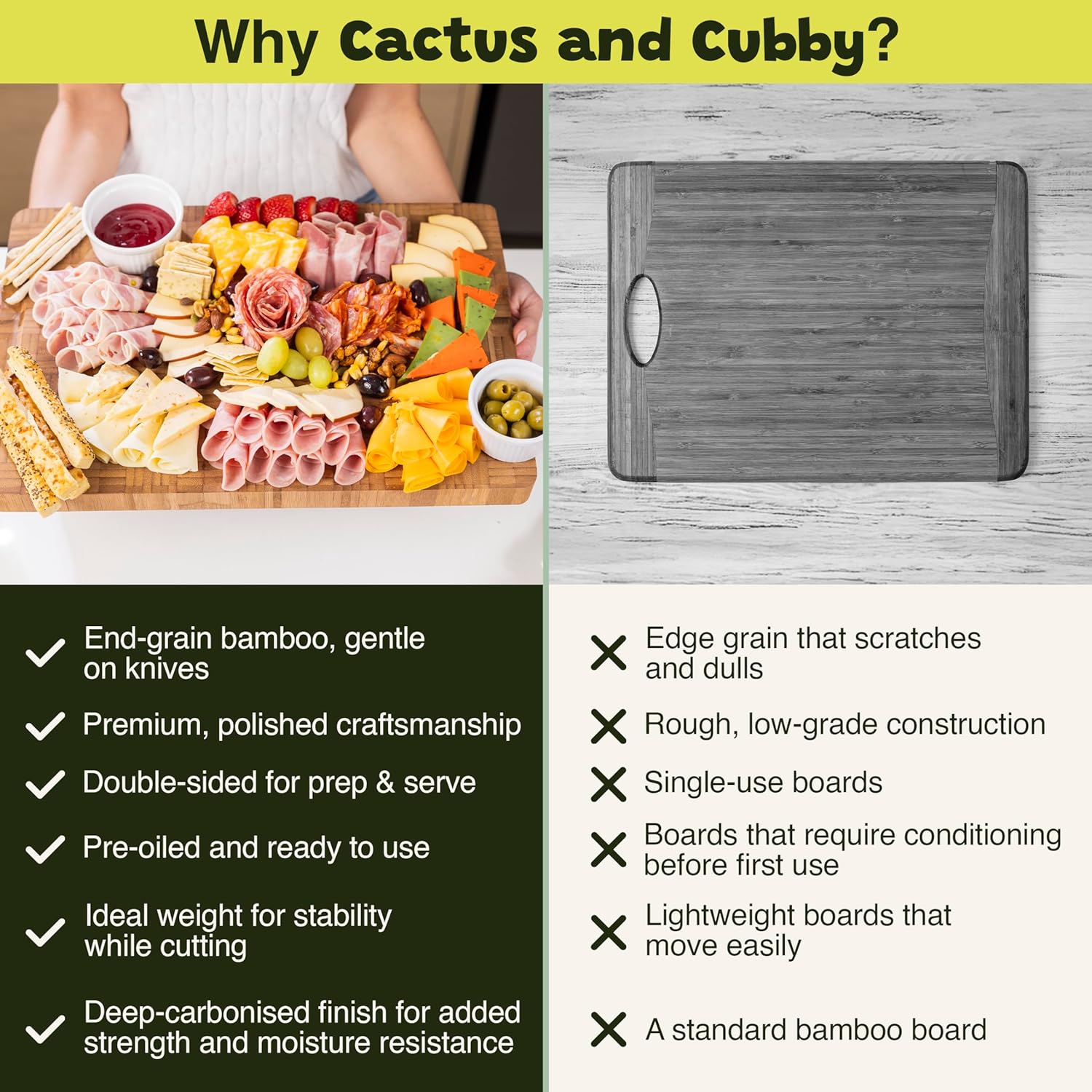 Cactus & Cubby Premium Bamboo Cutting Board. Deluxe Deep Carbonised End Grain Wooden Cutting Board. 42 x 30 cm. Pre-Oiled Butcher Block for Prepping & Serving. Knife Friendly