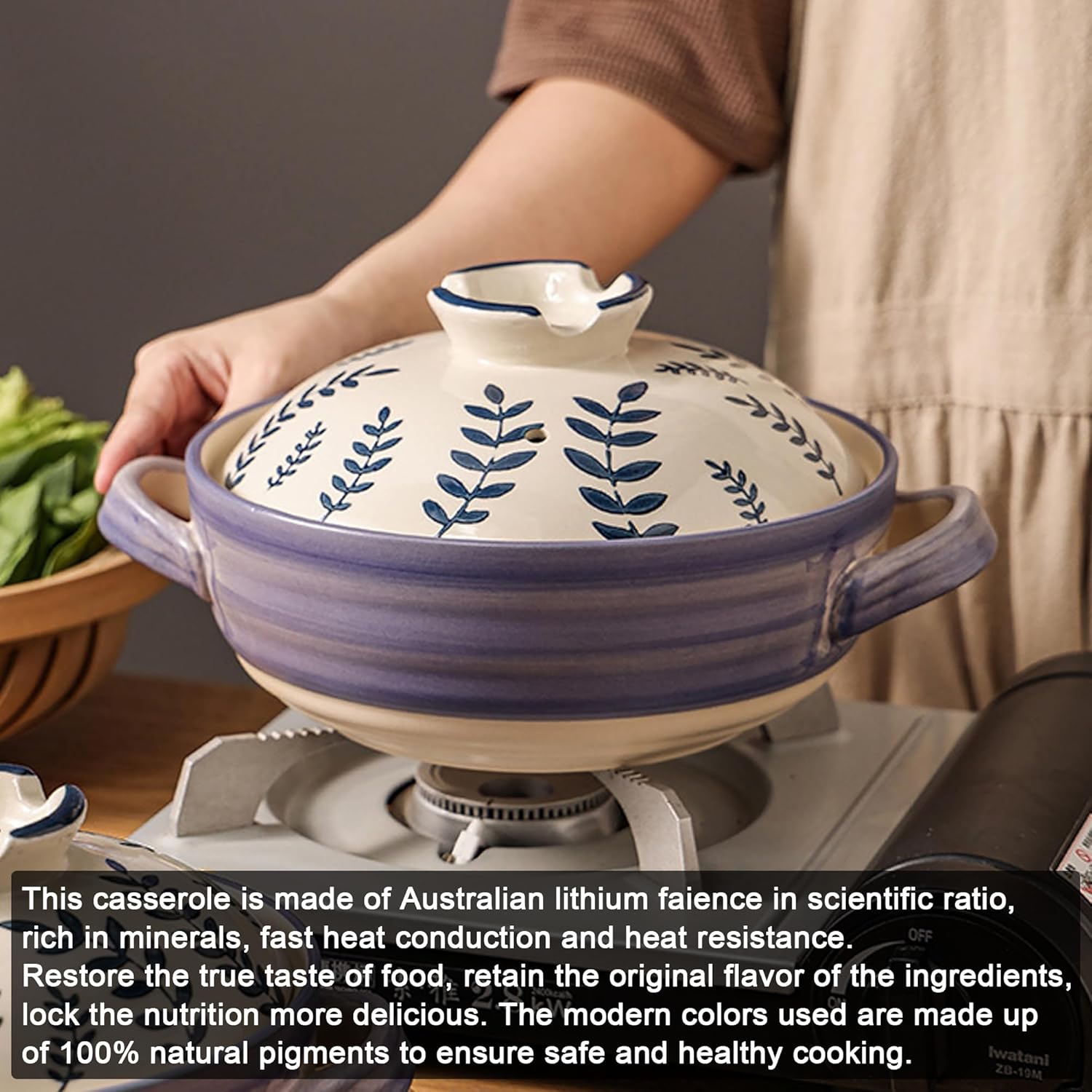 Ceramic Casserole Dish, Clay Pot, Earthen Pot Cookware with Lid, Stockpot for Stew, Soup, Steam, Oven Safe-Heat Resistant (FlowersPlants, 3.7QT)