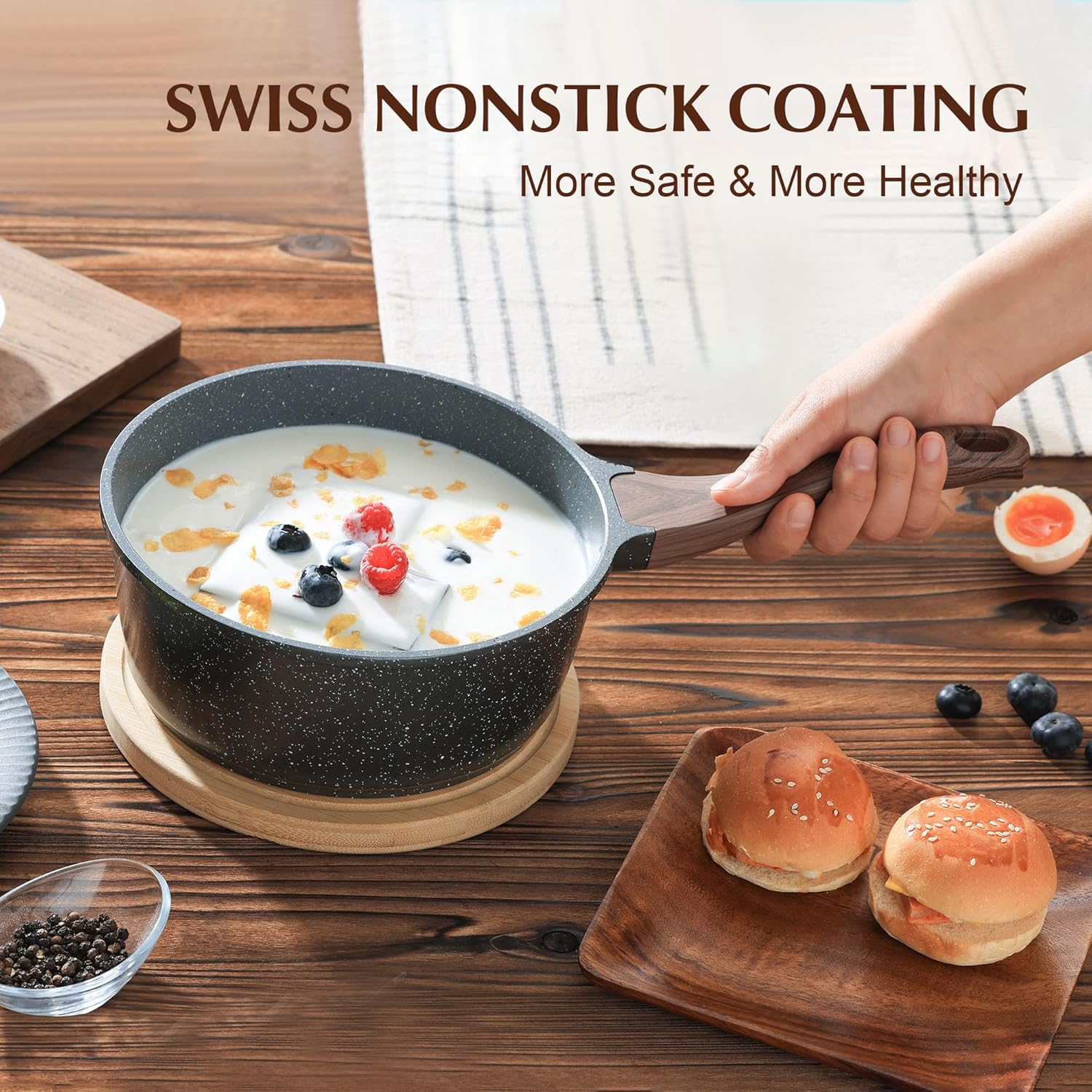 SENSARTE White Ceramic Nonstick Saucepan with Double Spout 22cm, Medium Cooking Pot with Stay Cool Handle, Induction Compatible Saucepot with Lid, White Granite Coating, PTFE/PFOA/PFAS Free