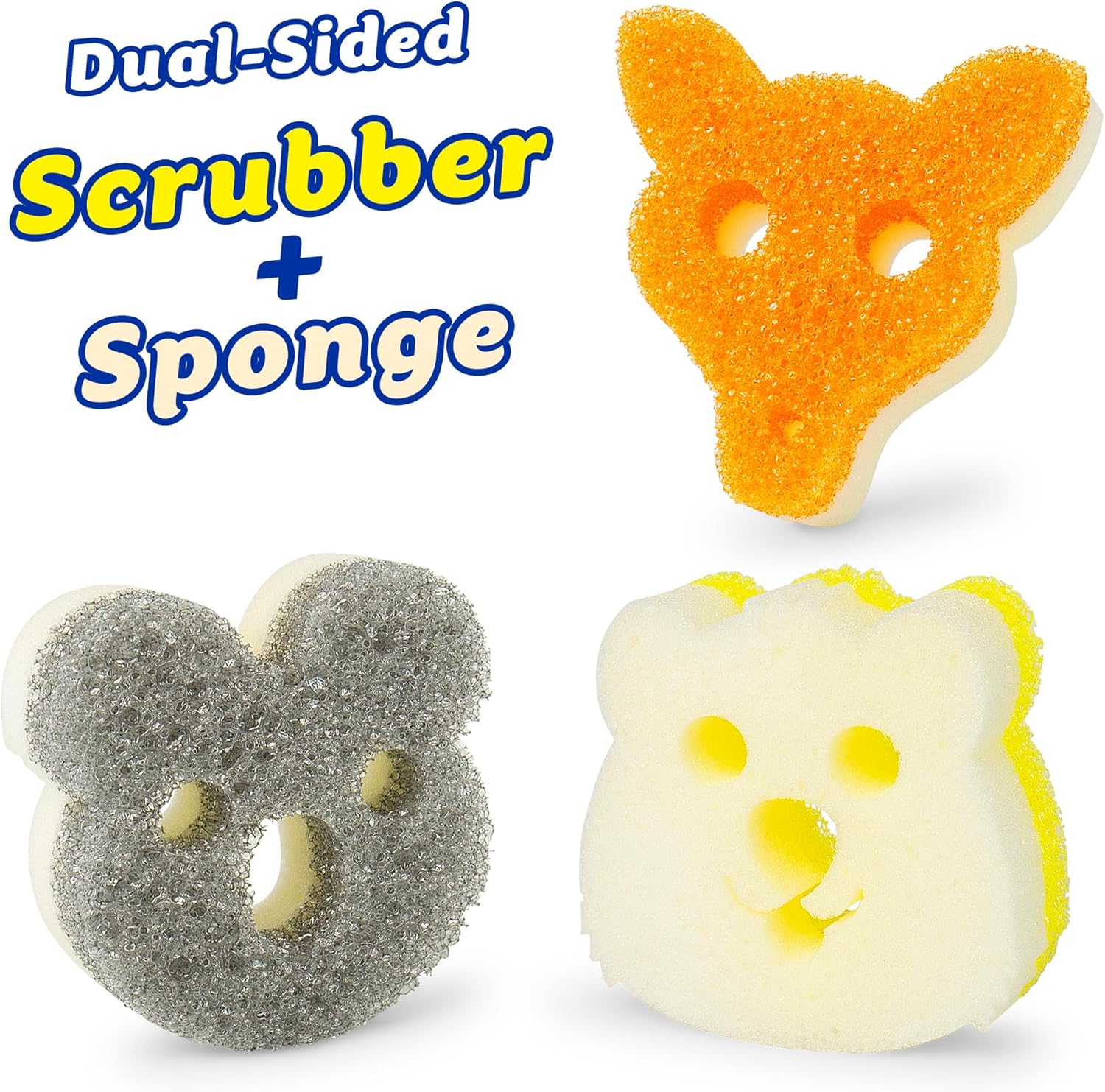 Scrub Daddy Scrub Mommy Aussie Shapes 3 Pack - Limited Edition Grey Koala, Yellow Quokka, Orange Kangaroo - One Side for Scrubbing, The Other for Mopping Up