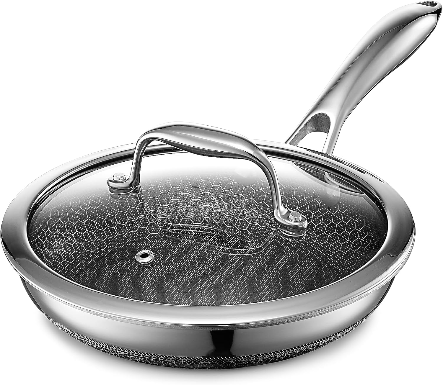HexClad Hybrid Nonstick 25 cm Frying Pan with Tempered Glass Lid, Stay-Cool Handle, Dishwasher-Friendly, Oven-Safe Up to 480°C, Induction Ready, Compatible with All Cooktops