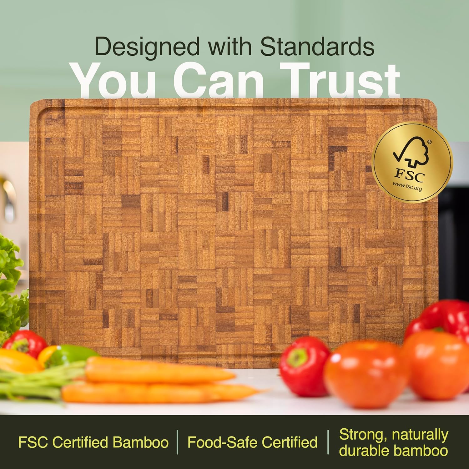 Cactus & Cubby Premium Bamboo Cutting Board. Deluxe Deep Carbonised End Grain Wooden Cutting Board. 42 x 30 cm. Pre-Oiled Butcher Block for Prepping & Serving. Knife Friendly