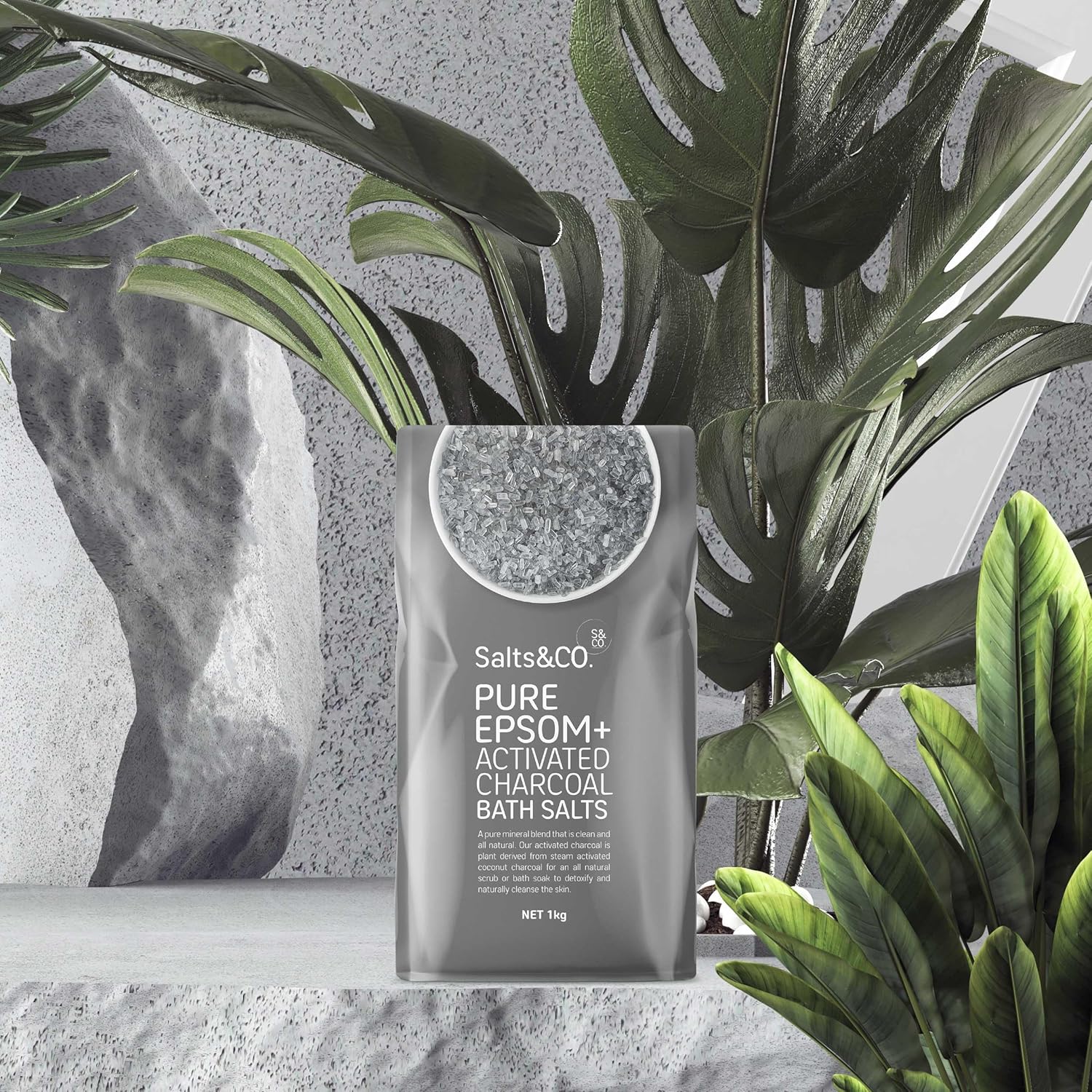 Salts & Co. Pure Epsom & Activated Charcoal Bath Salts 1kg | Unscented Magnesium Sulphate Soaking Salts for Bath & Foot Soaks, Home Spa & Self-Care Rituals