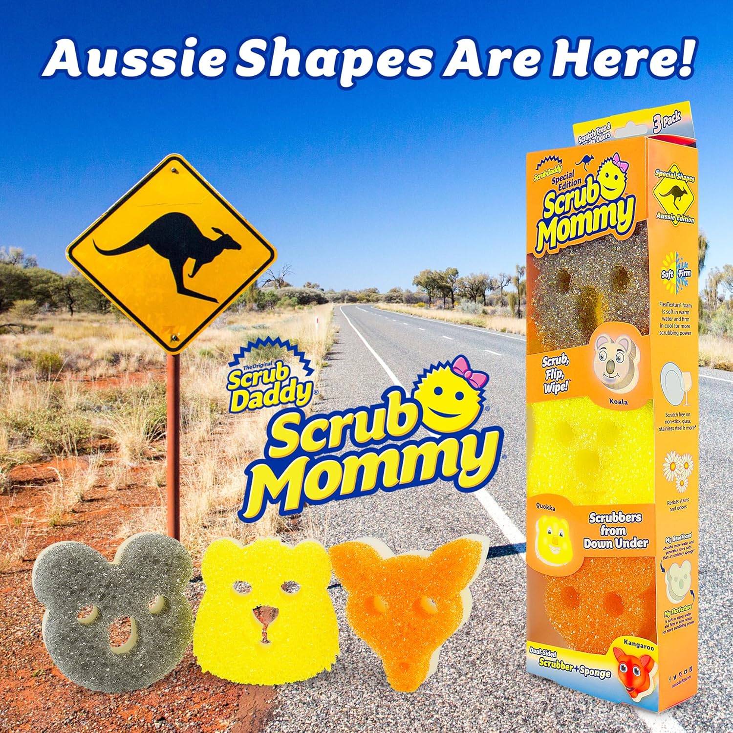 Scrub Daddy Scrub Mommy Aussie Shapes 3 Pack - Limited Edition Grey Koala, Yellow Quokka, Orange Kangaroo - One Side for Scrubbing, The Other for Mopping Up
